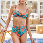 Turuncu Tropikal Desenli Yüksek Bel Bikini Takımı